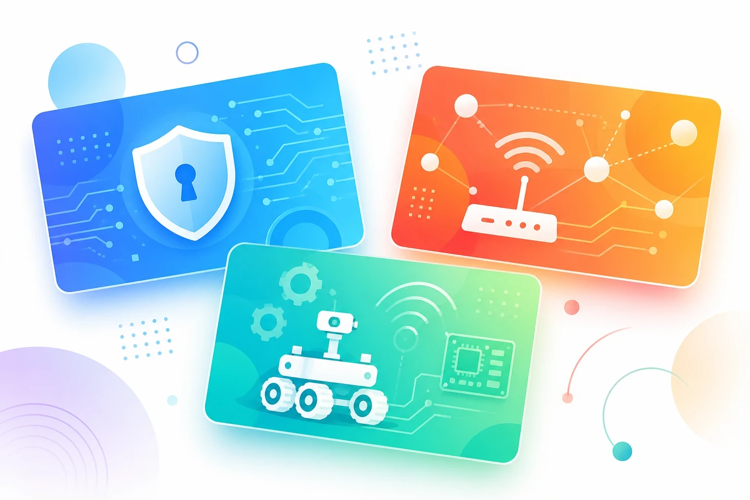 Bright learning cards illustrating cybersecurity, networking, and robotics