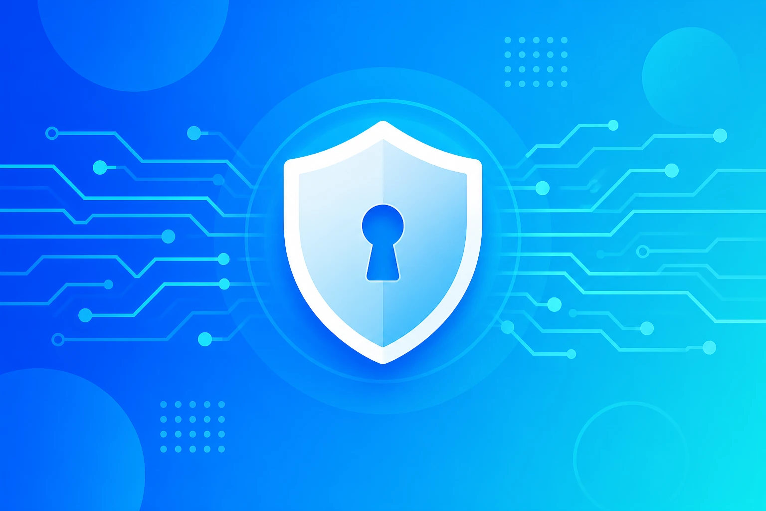 A bright blue shield and keyhole connected to an abstract circuit network
