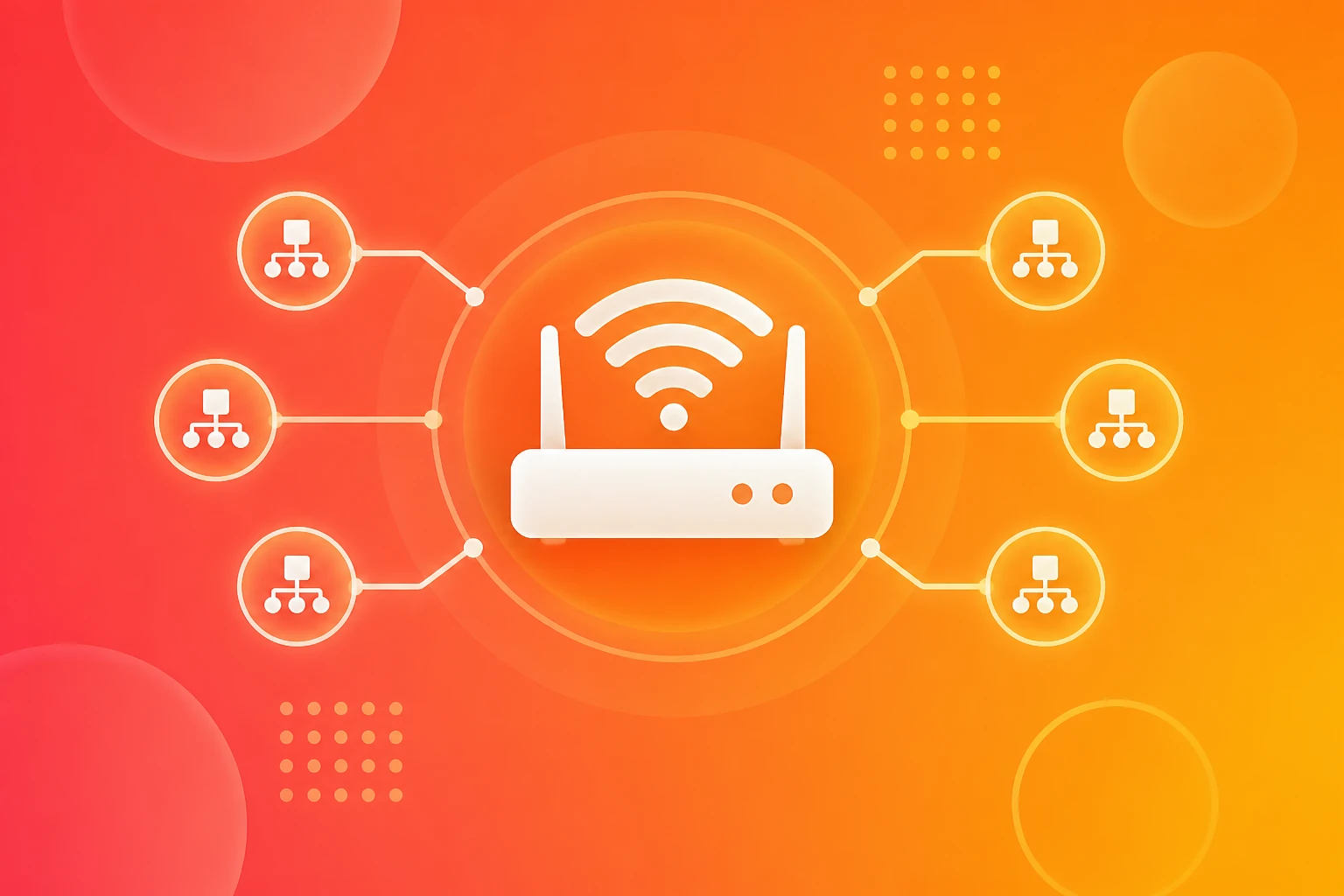 A bright orange wireless router linking a balanced network of connected nodes